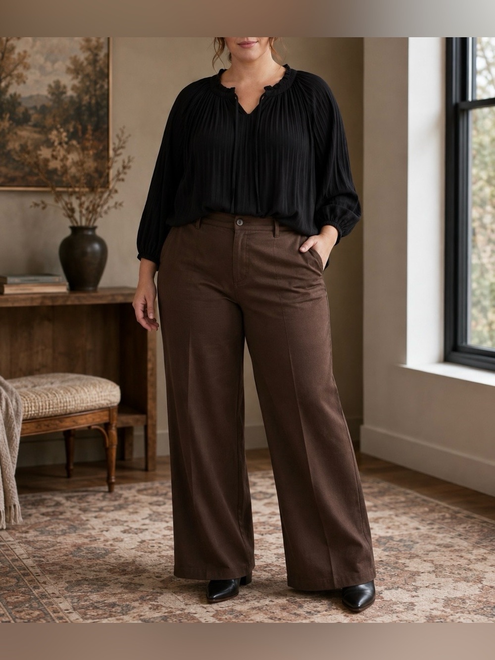 Investments Classic Black Pleated Peasant Blouse Size XL